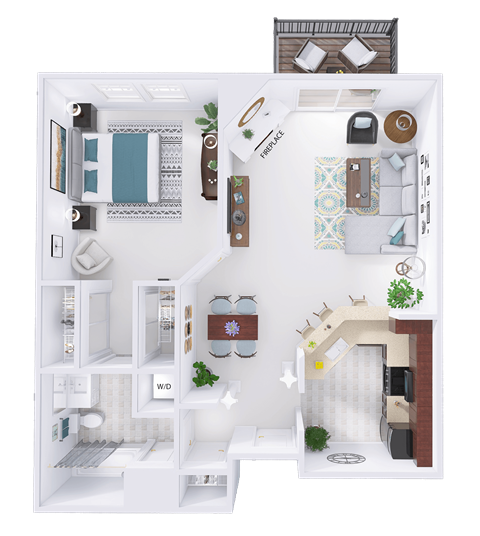 Floor plan for 1 bed, 1 bath, 892 sqft